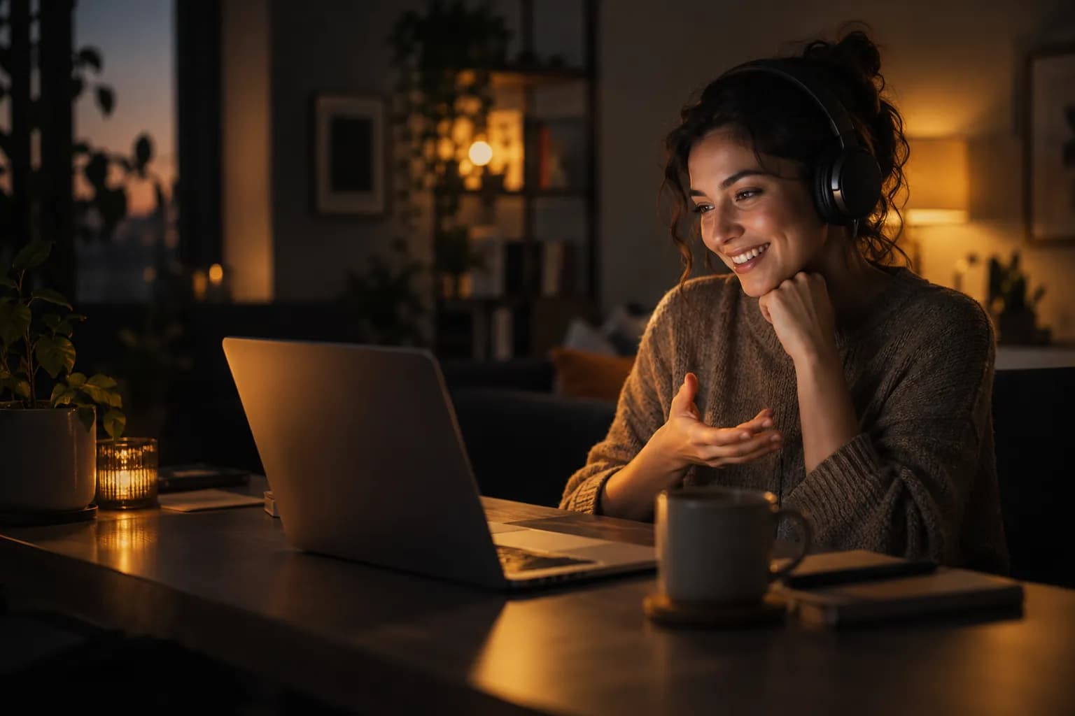 A person working from home at a desk by a window, in warm afternoon light.